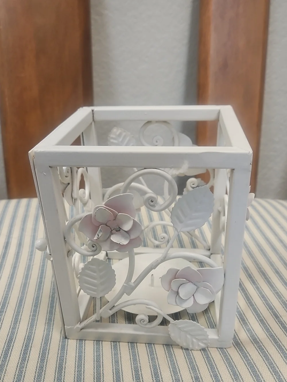 Vintage Decorative White Floral Metal Rose Candle Holder with pink accents.